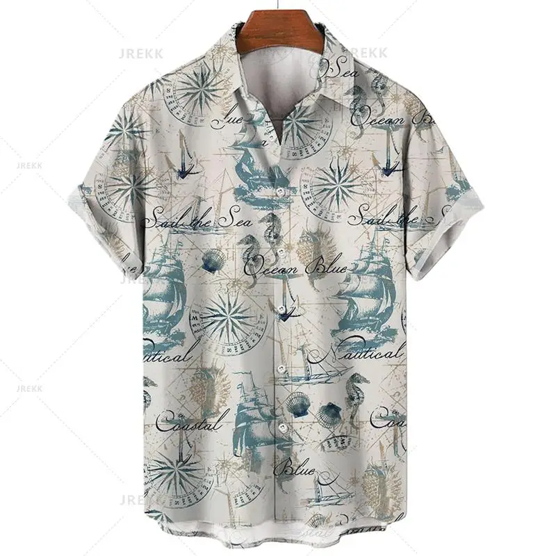 thumbnail image 1 of Camisa hawaiana retro unisex para hombre, camisa de talla grande, camisa retro con estampado 3D de velero y brújula marina, camisetas holgadas de manga corta para hombre, 1 of 5