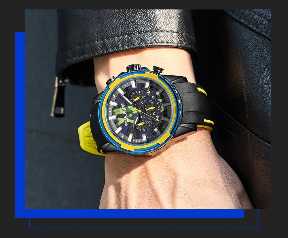 MEGIR New Fashion Men's Luminous Sports Waterproof Personality Quartz Wrist Timer Calendar Silicone Watches Reloj Hombre 2133