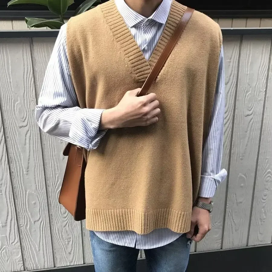 남성용 다목적 브이넥 니트 스웨터 재킷, 커플 단색 상의, 캐주얼 씬 민소매, 한국 스타일, 2022 용수철 가을