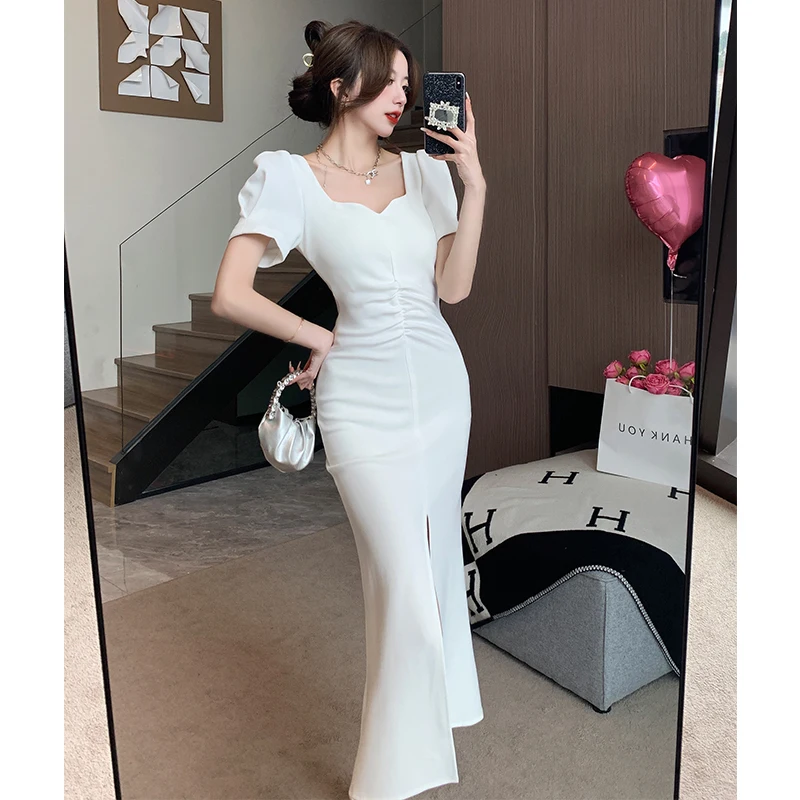 

Goddess Style Dress Summer Square Neck Bubble Sleeve Pleated Split Wrapped Hip Dress Korean White High Waist Elegant Beautiful