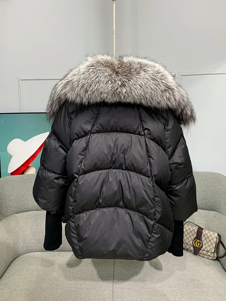2022 Autumn Winter Oversized Winter Warm Real Fox Fur Collar Black Down Coat Women Puffer Outerwear Jackets