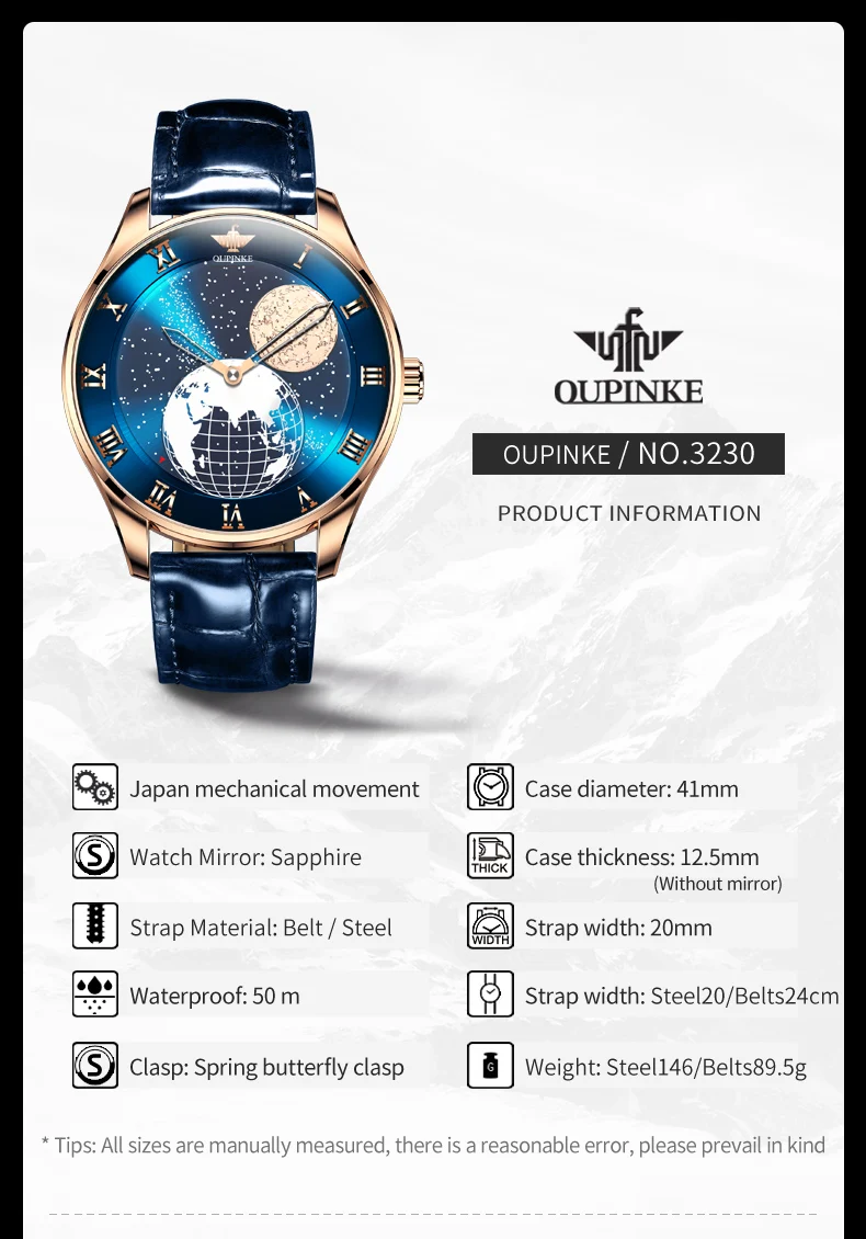 OUPINKE Moon Phase Watch for Men 3D Earth Starry Star Rotating