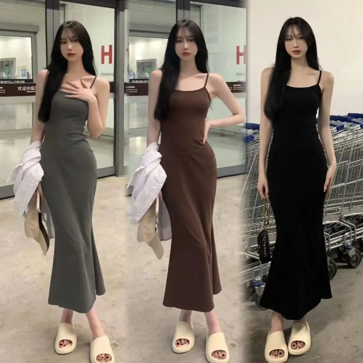 Damen Retro Y2K Französischer Stil Meerjungfrau-Trägerkleid Ärmelloses Figurbetontes Maxi-Sommerkleid Schickes Bodycon-Abendkleid