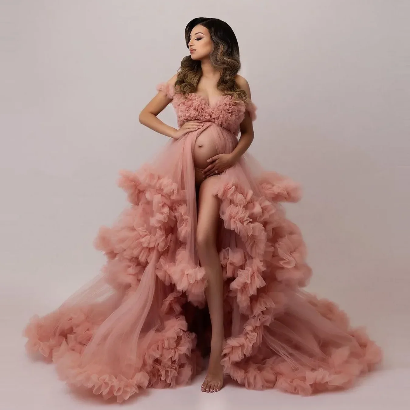 

Charming A Line Maternity Dresses Tulle With Ruffle Sexy V Neck Off The Shoulder Sleeveless Pleated For Babyshower Photoshot