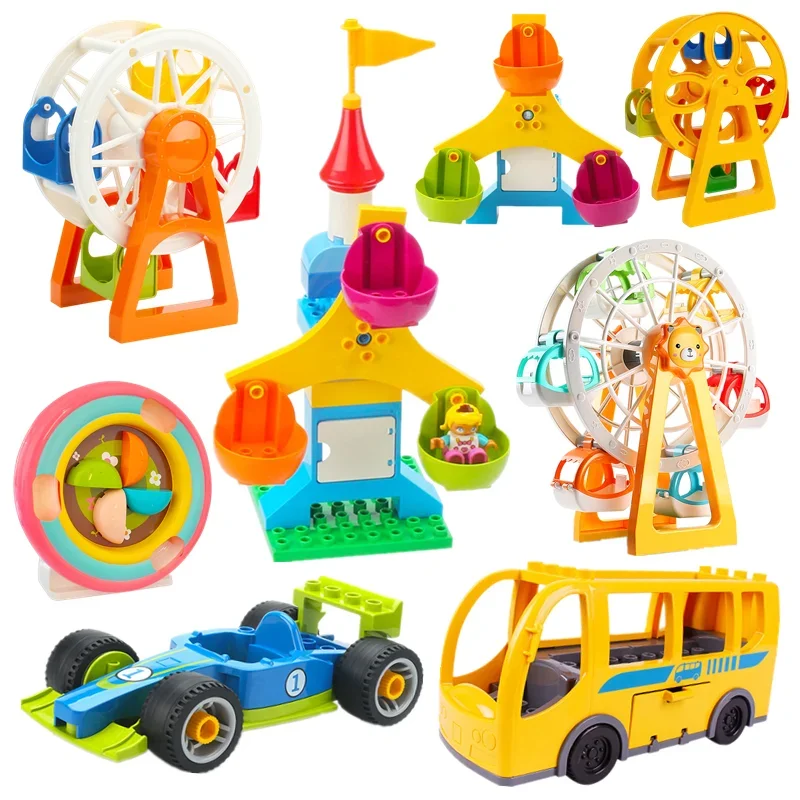 Big Building Block Ferris Wheels City Race Car Bus Amusement Park Compatible Duplo Educational Creative Toys Children Kids Gifts huiqibao 653pcs amusement park ferris wheel model micro building blocks city street view architecture mini bricks children toys