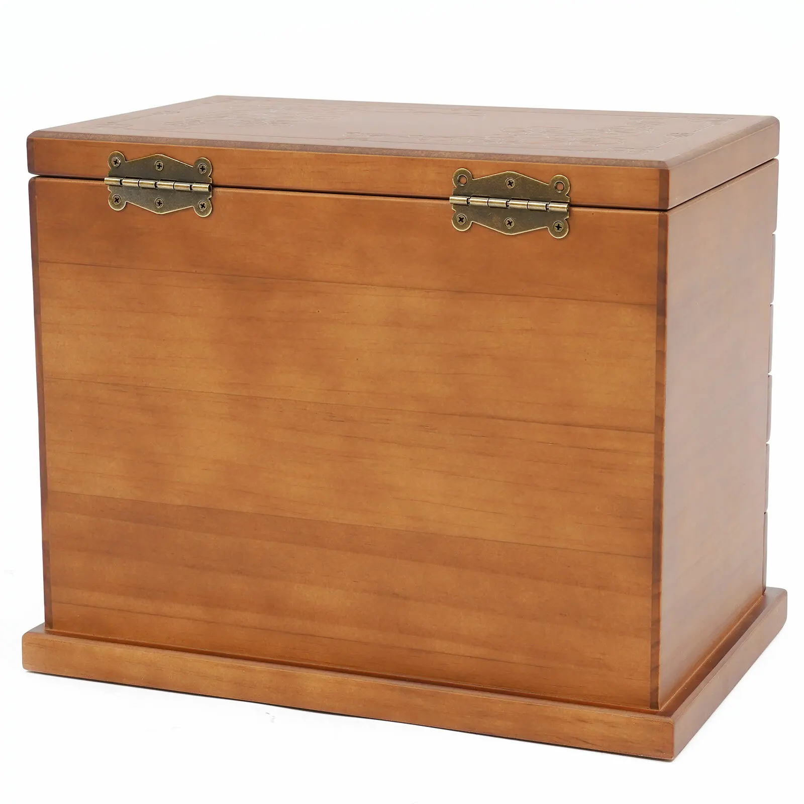 Détail du velours intérieur et de la finition bois de la boîte à bijoux