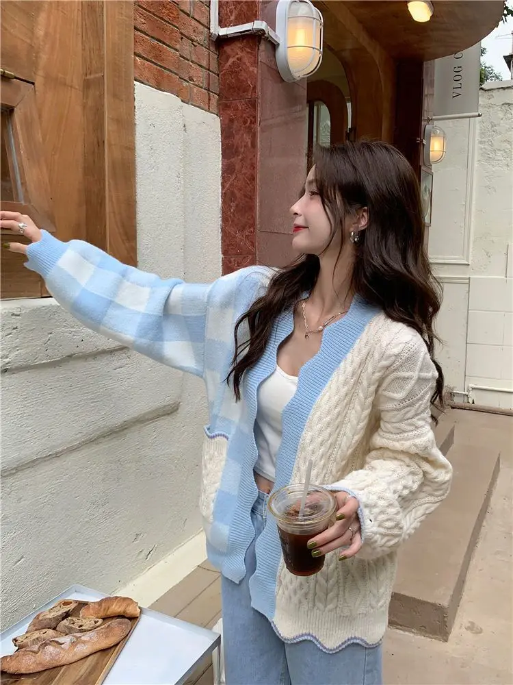 

Sweet Patchwork Sweater Cardigan Women Casual Loose Plaid Knitted Tops All Match 2022 Spring Autumn New Fashion