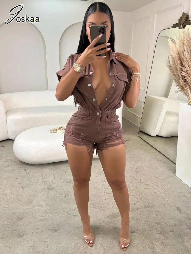 

Joskaa Solid Button Up Distressed Denim Playsuits Women Sexy Lapel Short Sleeve One Piece Ripped Jean Rompers 2023 Streetwear