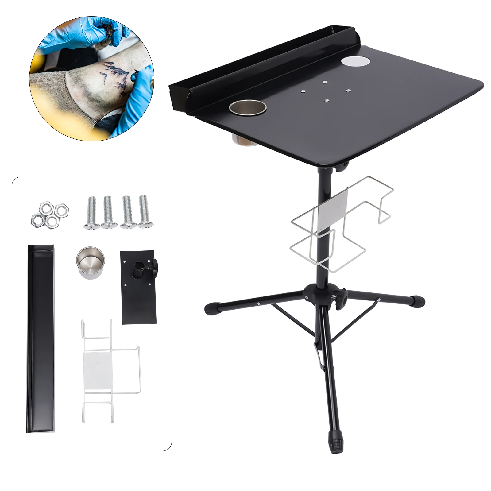 Portable Tattoo Workstation, Removable, Adjustable Tripod Base, Removable Rear Tray, Folding Mobile Ta