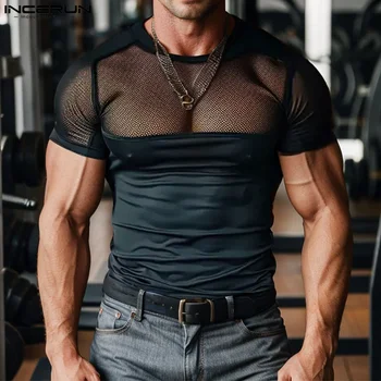 2024 Men T Shirt Mesh Patchwork O-neck Short Sleeve Sexy Men Clothing Summer Transparent Fashion Party Camisetas S-5XL INCERUN 1