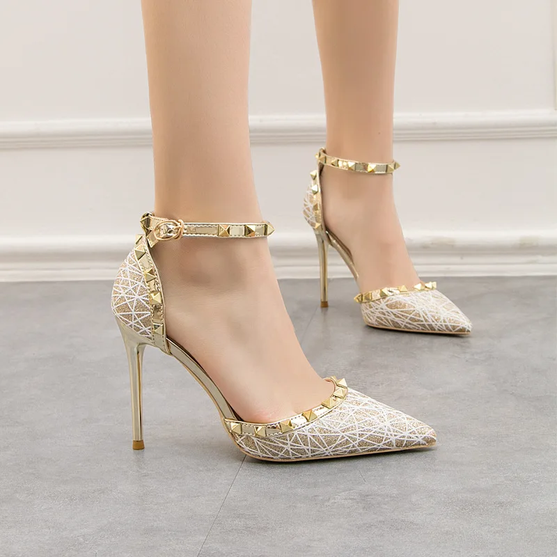 Sexy High Heel Women's Shoes Rivets Fine Heel High Heel Sequins Hollow Shallow Mouth Sandals Women Plus Size Women Shoes 41