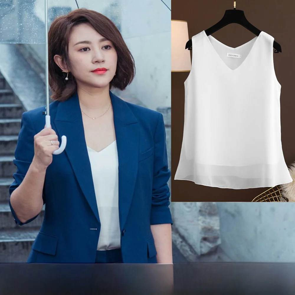 Summer New Sle Women's Chiffon Vest Svel Strap V-Ne Loose Top Inner Belly Covering Base irt Commute Sle Pure Color