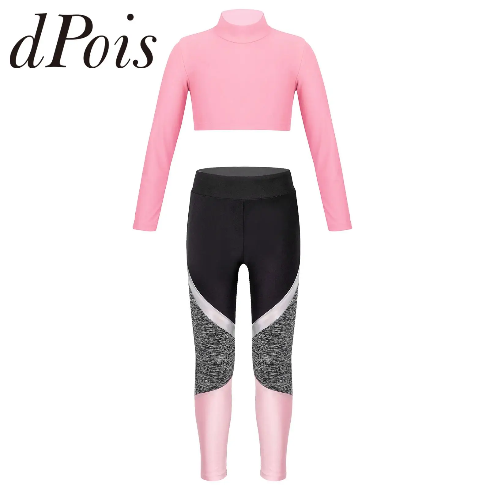 

Kids Sportswear Girls Long Sleeve Crop Top with Colorblock Leggings Set for Dance Workout Gym Fitness Suit Yoga Sets Tracksuit