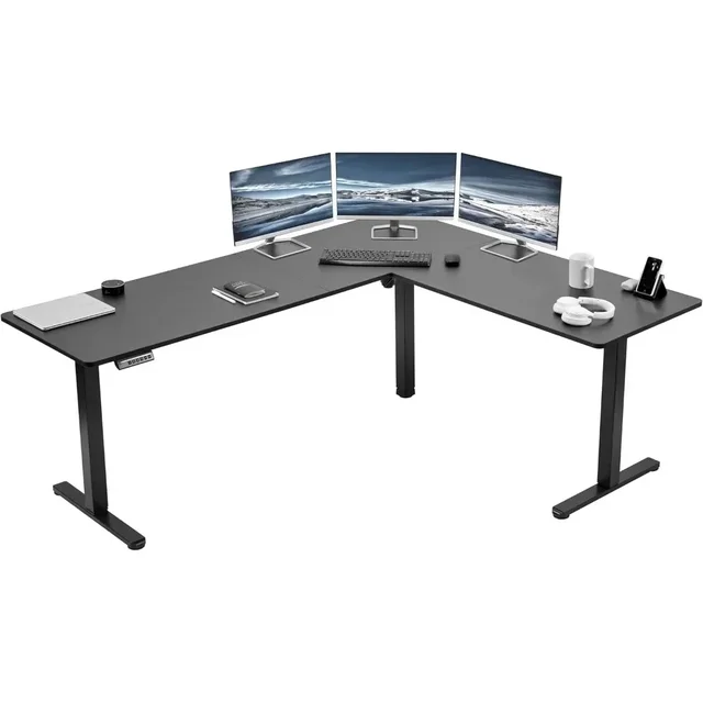 Electric Height Adjustable 55 x 63 inch Corner Stand Up Desk, Black Table Top, Black Frame, L-Shaped Standing Workstation,