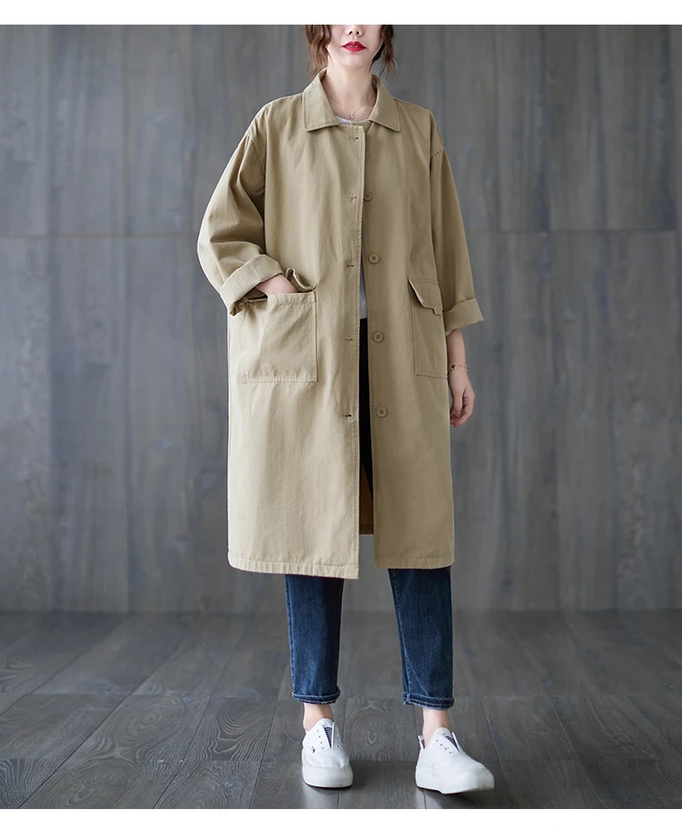 2023 Autumn New Loose Trench Coat Women Single Breasted Windbreaker Simple Casual Khaki Black All-Match Cardigan Outerwear Femal