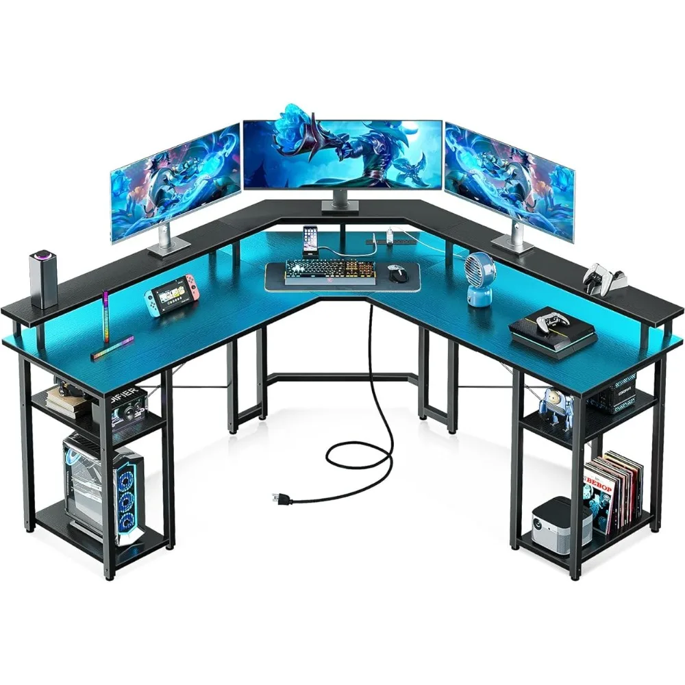 

Coleshome L Shaped Gaming Desk LED Lights & Power Outlets, Reversible 56" Computer Desk Full Monitor Stand & Storage Shelves