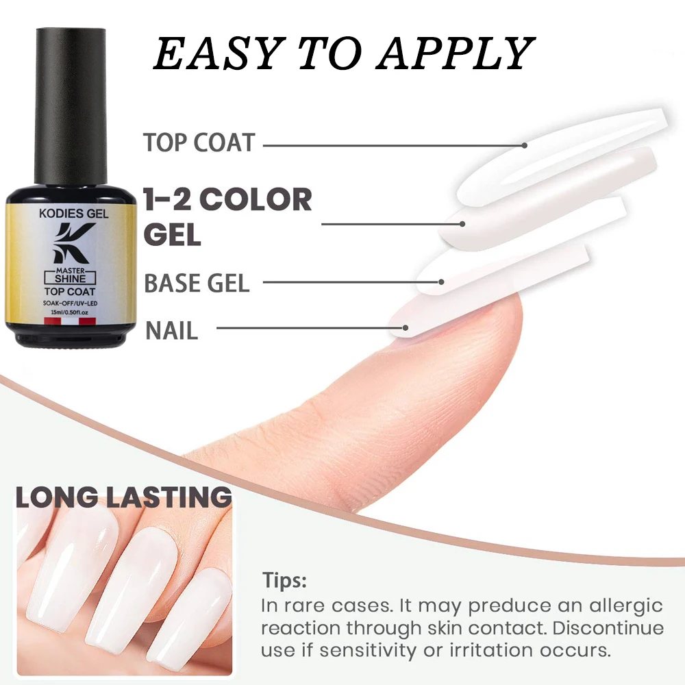 KODIES GEL Super Shine Top Coat Gel Nail Polish Strong Hard Topcoat Semi Permanent UV Varnish Soak Off Nail Art Functional Gel 5
