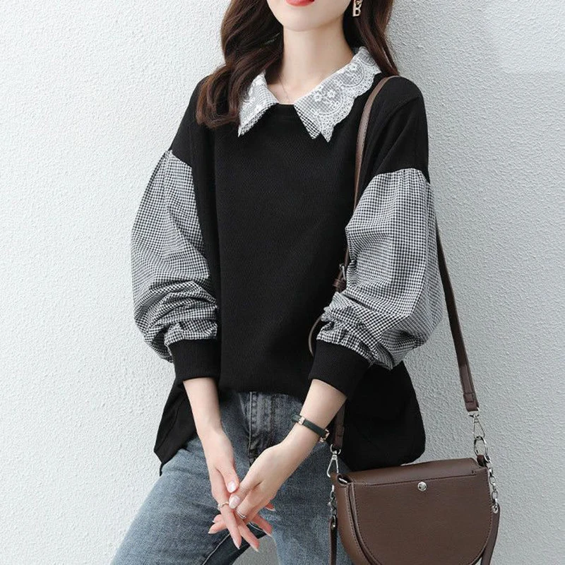 Fashion Loose Lapel Lace Spliced Plaid Sweatshirts Female Clothing 2023 Autumn Winter Oversized Casual Tops Korean Sweatshirts