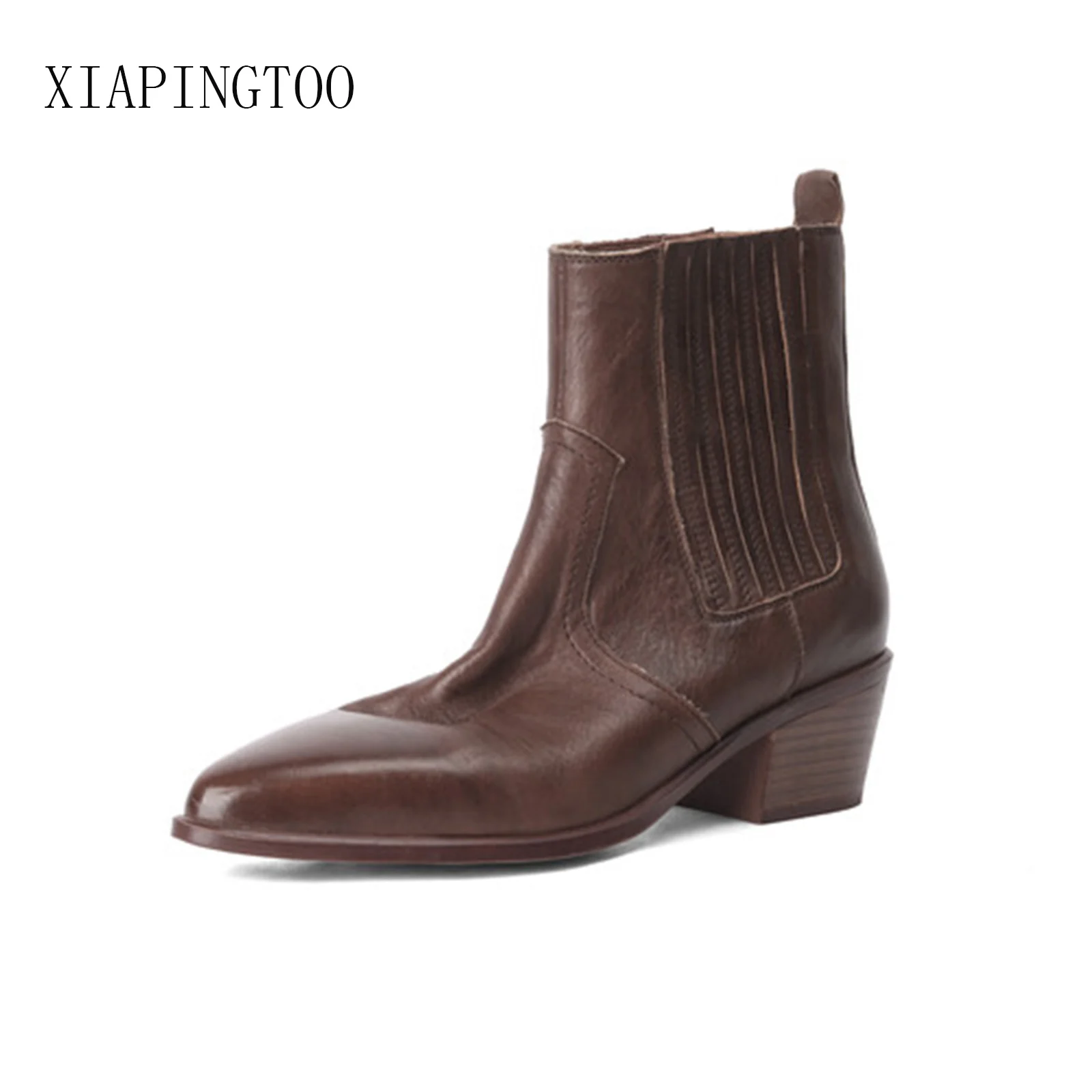 

Shoes Women Boots For Lady Genuine Cow Leather Zipper Ankle Med Heels Handmade Retro Style Solid Color Black Winter Pointed toe