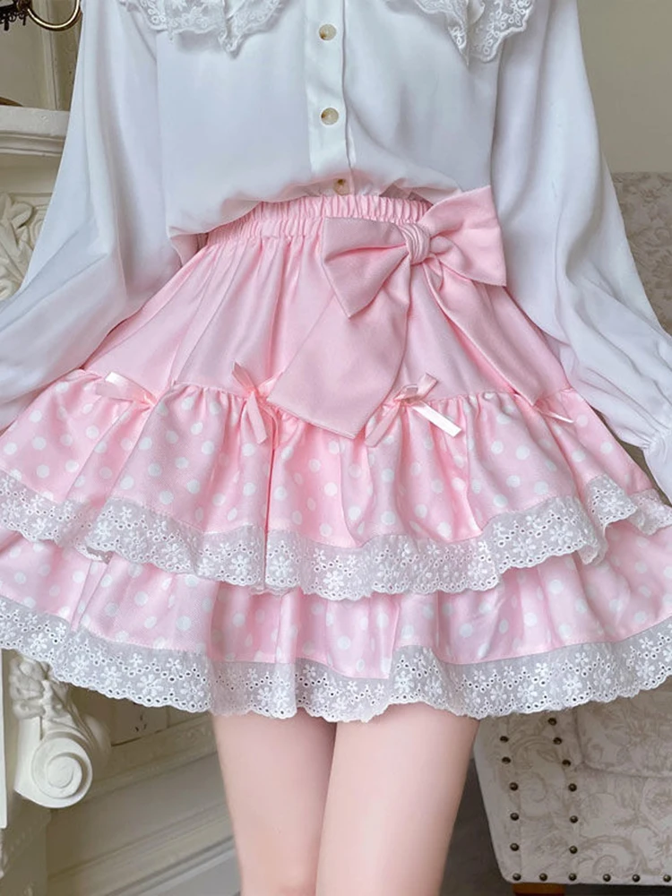 Zoki Kawaii Bow Cake Skirt Women High Waist Cute Dot Sweet Mini Skirts Fashion Casual Japan Female Solid Summer A Line Skirt New 2