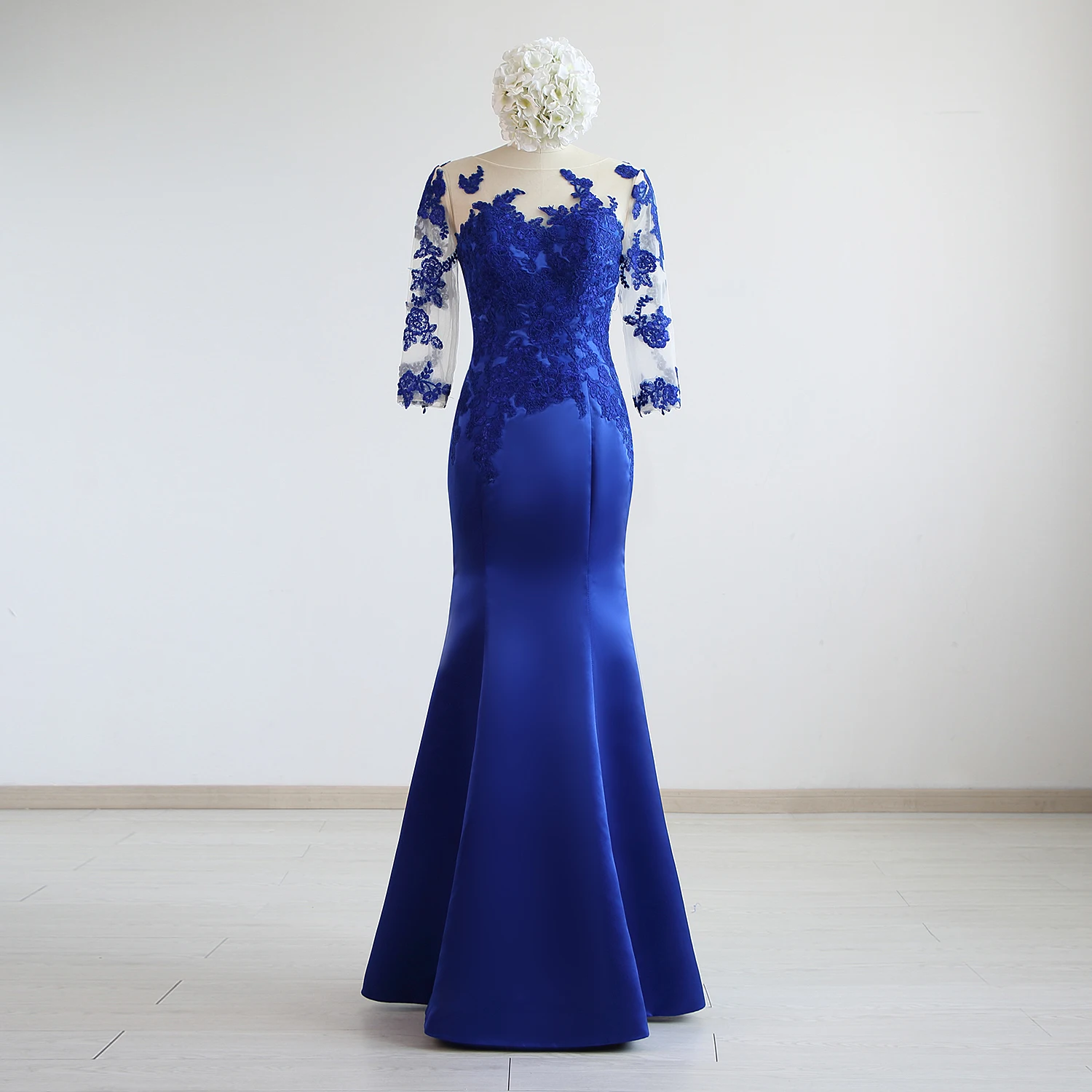 

Satin Lace Royal Blue 34 Sleeve Floor Length MermaidTrumpet Bridal Gown Can Be Customized