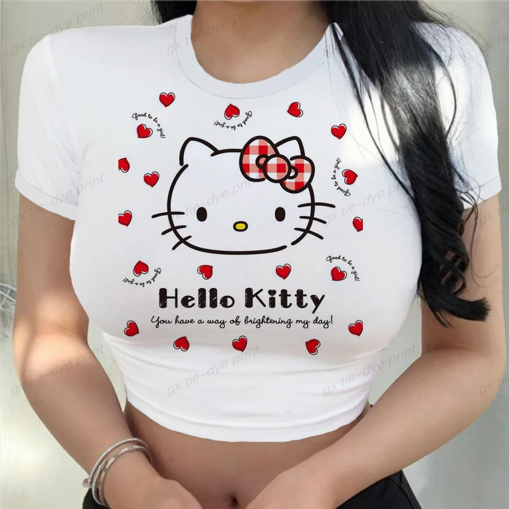 

Y2k одежда, розовый укороченный топ с принтом Hello Kitty, Детская футболка, уличная одежда, футболка с коротким рукавом, в стиле панк, винтажный Готический эмо