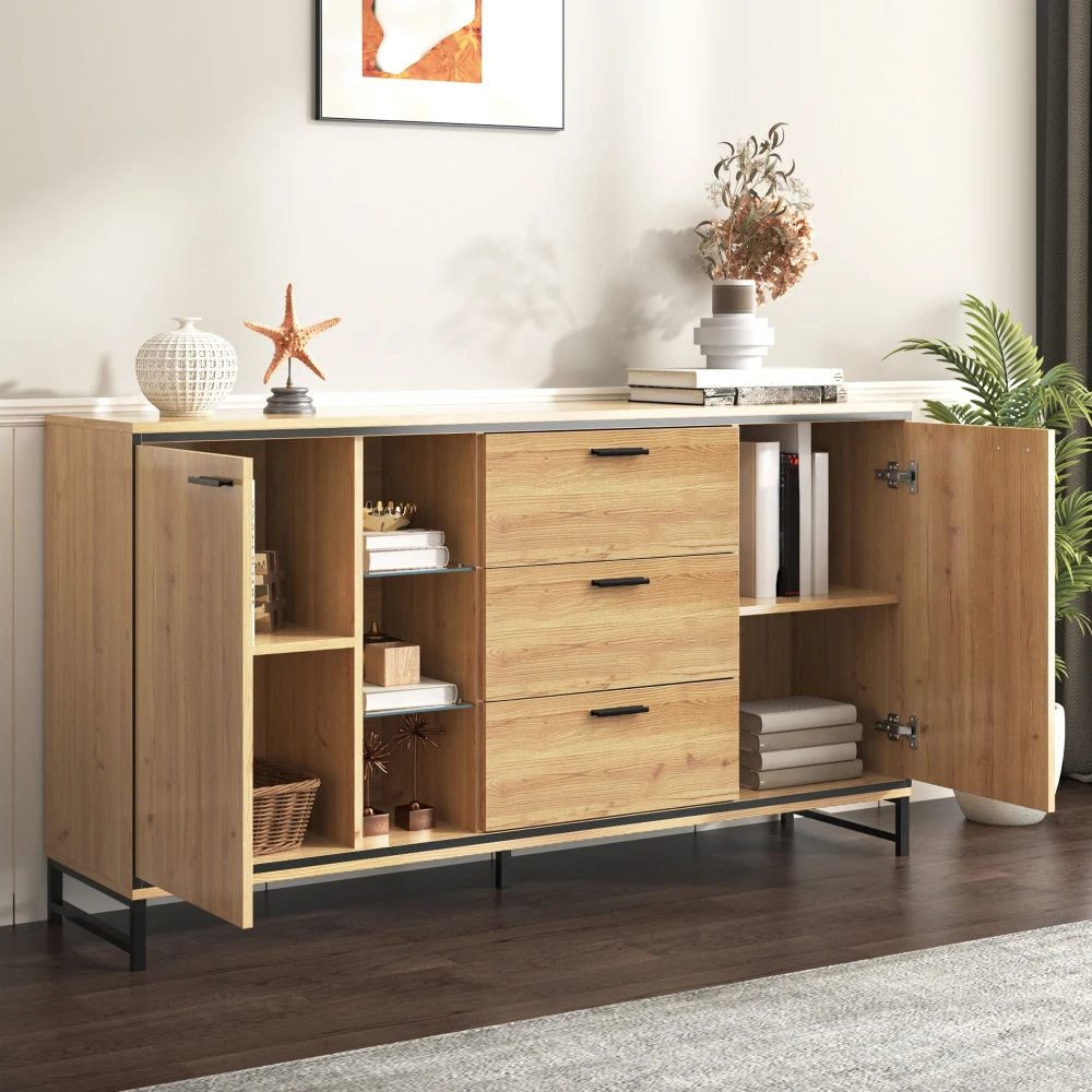 PINGGO Modern Wooden Side Cabinet with Three Drawers - Elegant Carved Storage Console - Stylish And Practical Home Furniture