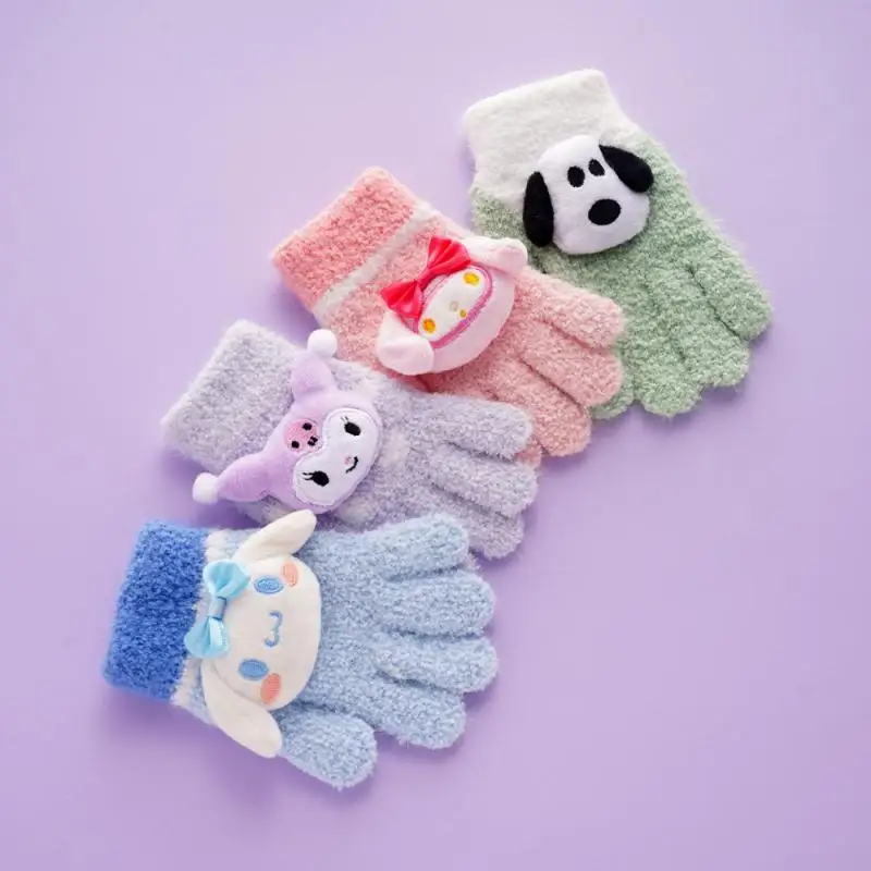 

New Kawaii Cute Kuromi Mymelody Cinnamoroll Plush Gloves Children Cartoon Fashion Cute Five Finger Warm Knit Gift Toys For Girls