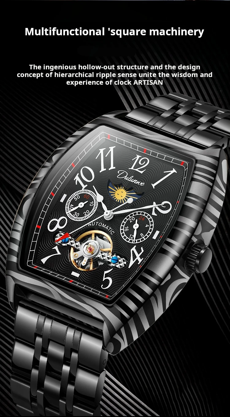 Top-Marke Luxus Tourbillon Mechanische Uhr Für Männer Mode Schwarz Stahl Wasserdicht Mondphasen Automatische Uhr Reloj Hombre_voghion.com