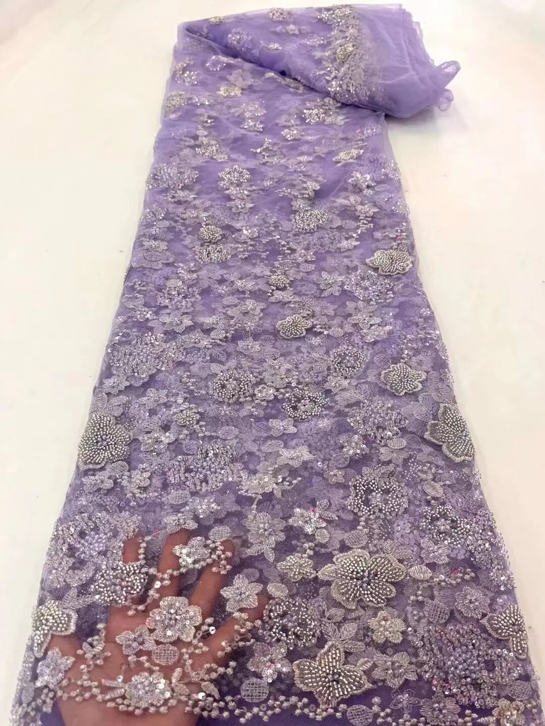 

African Net Beaded Lace Fabric ZH-1228381 High Quality Lace Sequins French Tulle Lace Nigerian Lace Fabric For Wedding