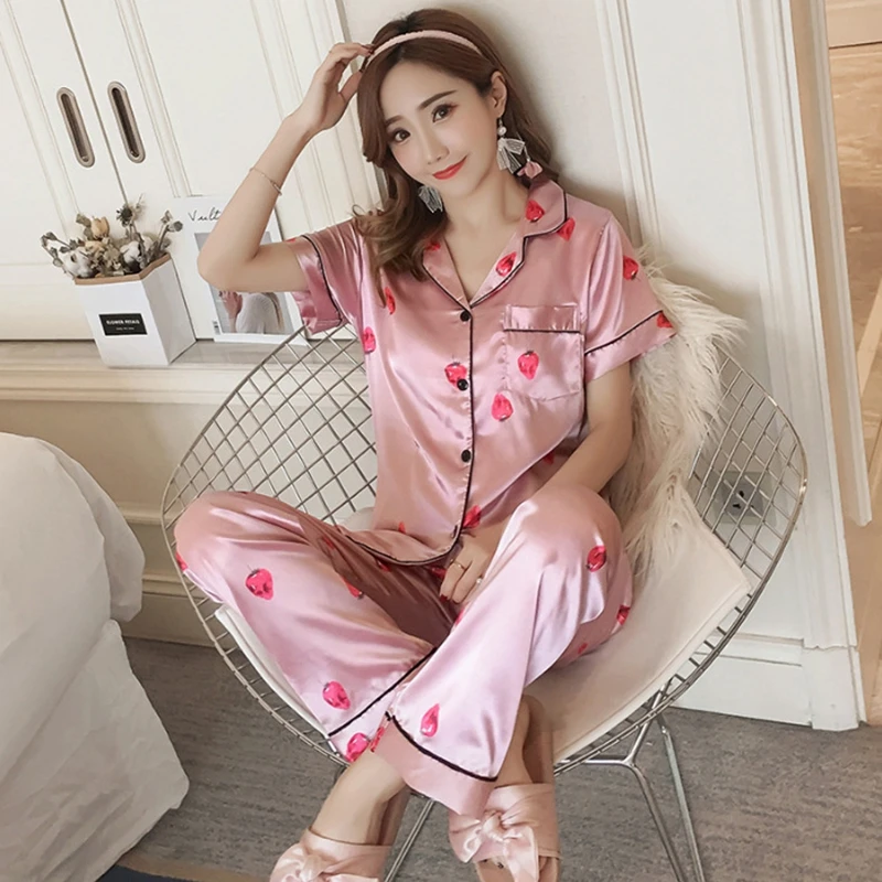Satin Silk Pajamas Set for Women Cartoon Printed Turn-down Collar Short  SleeveTops+Long Pants Nightgown Sleepwear Plus Size 5XL