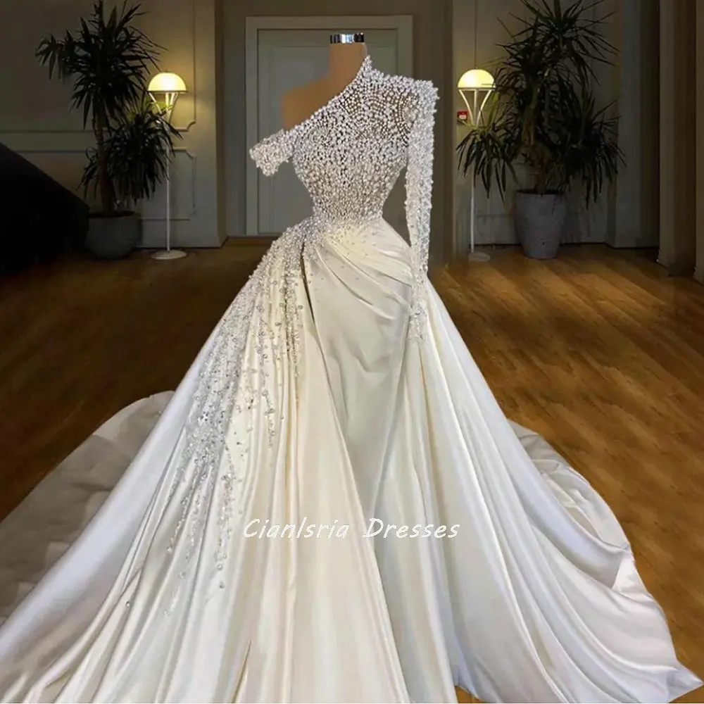 Modern Asymmetrical Beading Pearls Dubai Ball Gown Wedding Dress One Shoulder Long Sleeve Satin Saudi Arabic Bridal Gown plus size wedding dresses Wedding Dresses