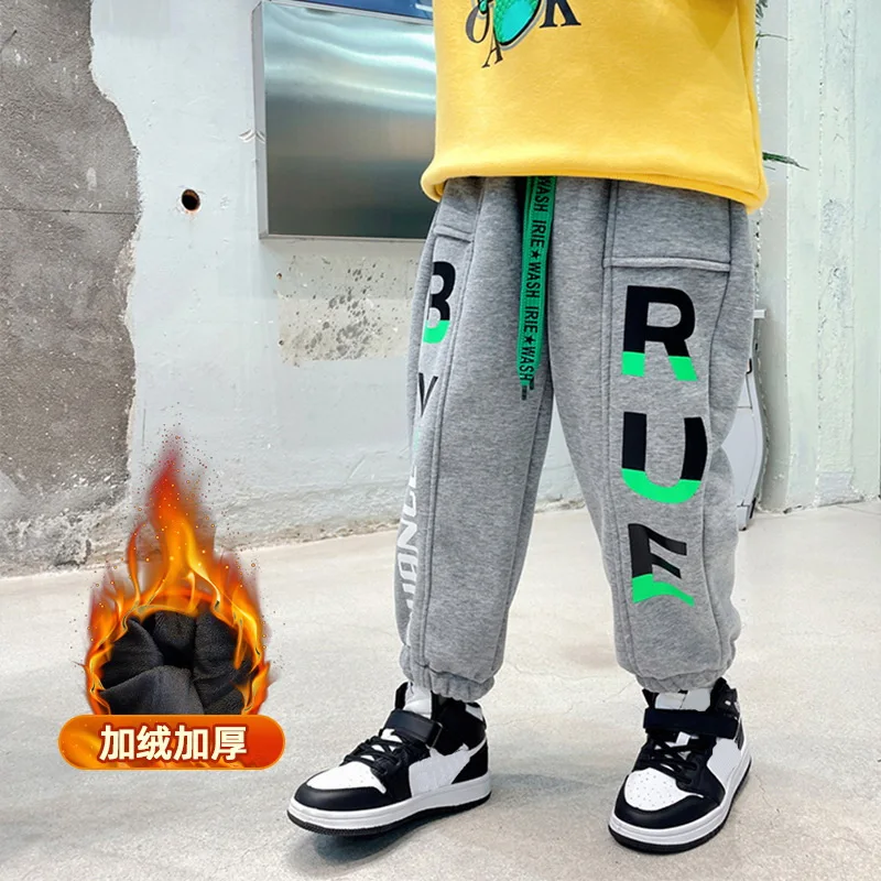 

Sport Boys Pants Cotton Girls School Loose Trousers Casual Kids Winter Outerwear Plus Velvet Pants Children Thickening Pants