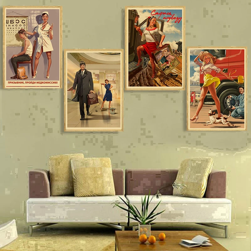 Vintage Soviet Era Pin-Up Girls Propaganda Poster Wall Art Decoration