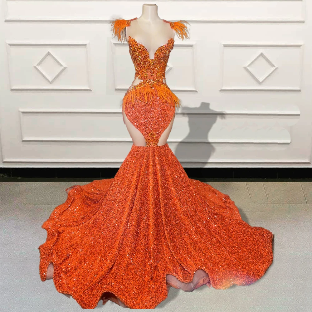 

Luxury Orange Mermaid Long Prom Dresses 2023 for Birthday Party Sparkly Sequin Feathers Women Custom Formal Evening Gowns