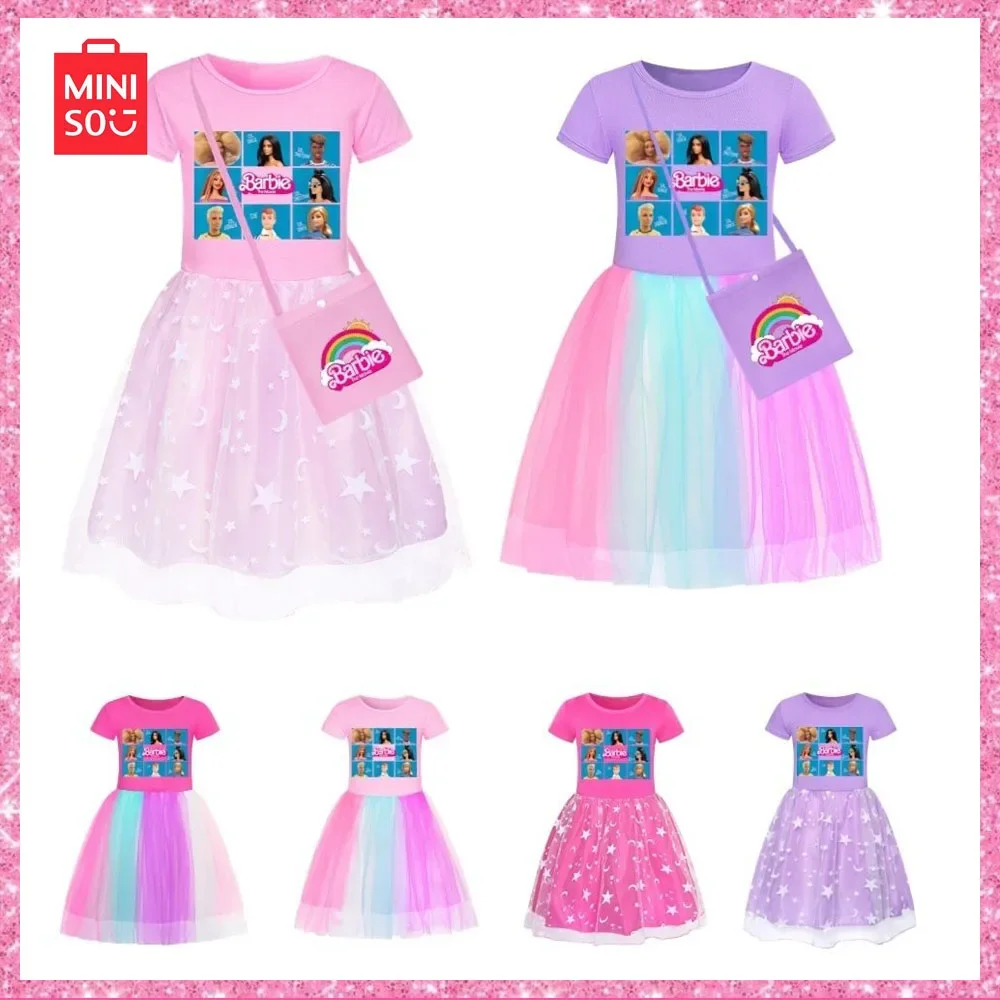 2023 Miniso Barbie New Fashion Pink Children Star Dress Fashion Casual Rainbow Lace Dress Girls Birthday Dress Regalo Di Natale