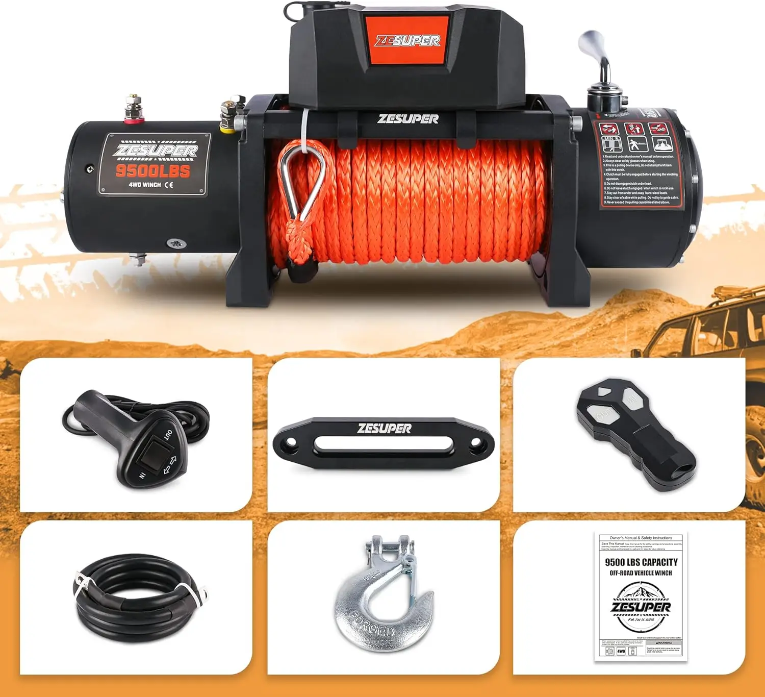 9500 lbs Electric Winch Kit Waterproof IP67 Electric Winch with Hawse Fairlead with Both Wireless Handheld Remote