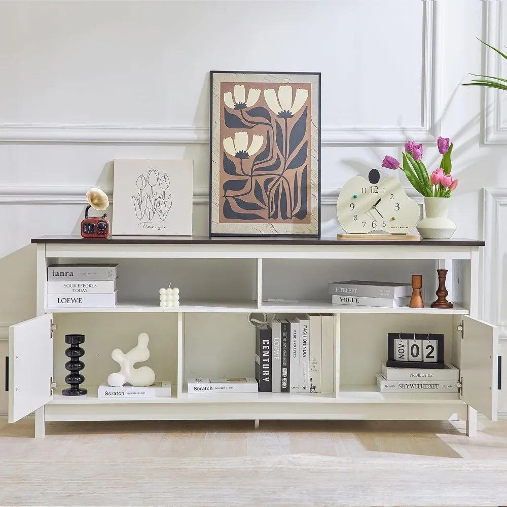 Rustic White Farmhouse TV Stand, Entertainment Center with Power Outlets for TVs up to 65 Inch, Mid Century Modern TV Cabinet, 5