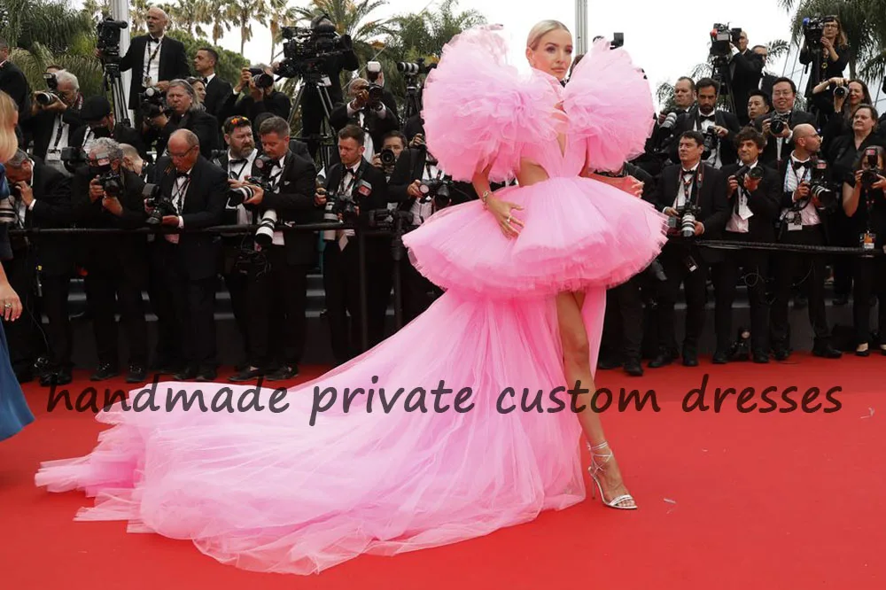 Hot Pink Tulle High Low Prom Party Dresses Sexy Cut Out Tiered