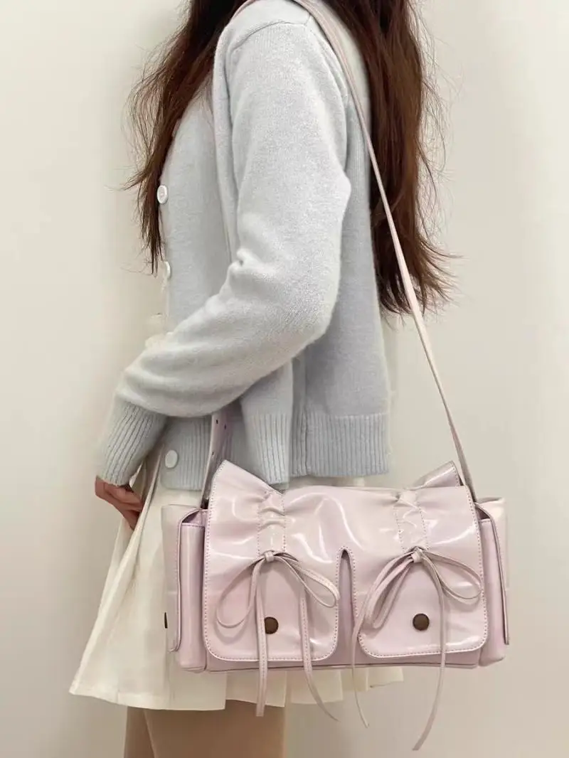 JIAERDI Sweet Cool Bow Shoulder Bags Women New Vintage Soft Leather Pocket Y2k Bag Purses Female Retro Black Handbag Aesthetic