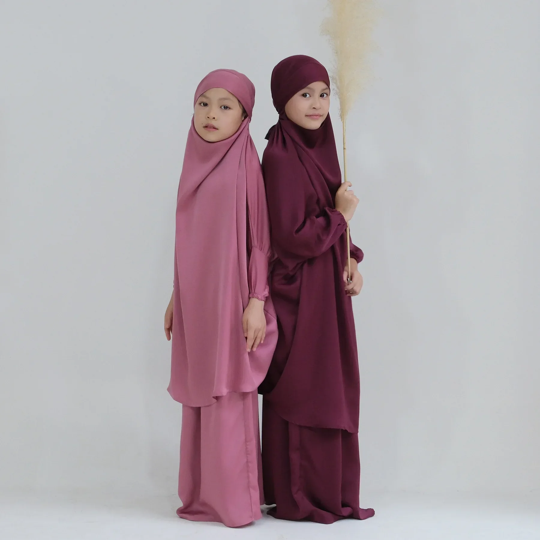 Two Piece Child Girl Satin Muslim Sets Prayer Hijab Dress for Kids Hooded Abaya Khimar + Skirt Burka Ramadan Eid Islamic Niqab