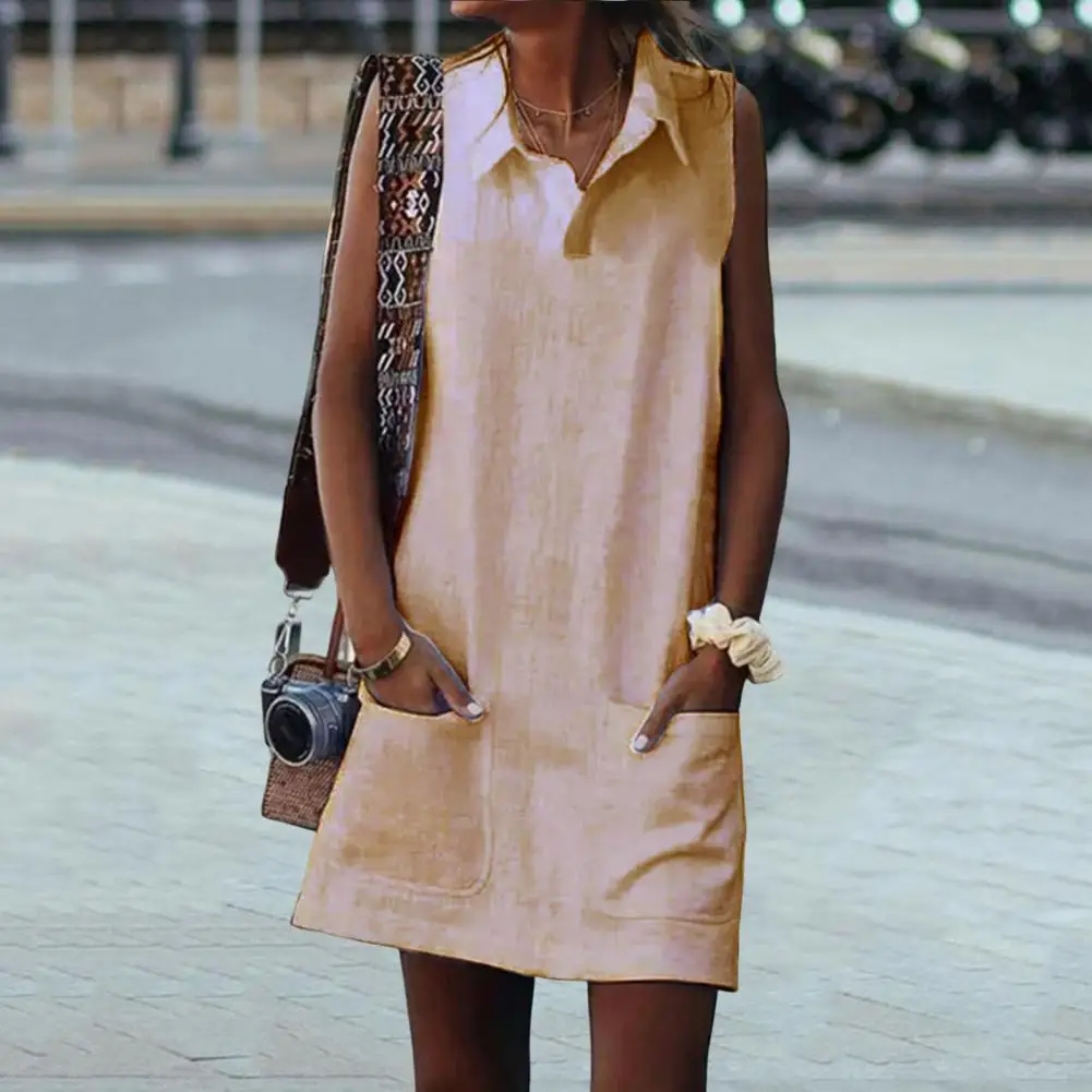 

Dress Stylish Mini Dress with Pockets for Women Daily Wear Summer Dress with Turn-down Collar Loose Fit Lapel Sleeveless Vest