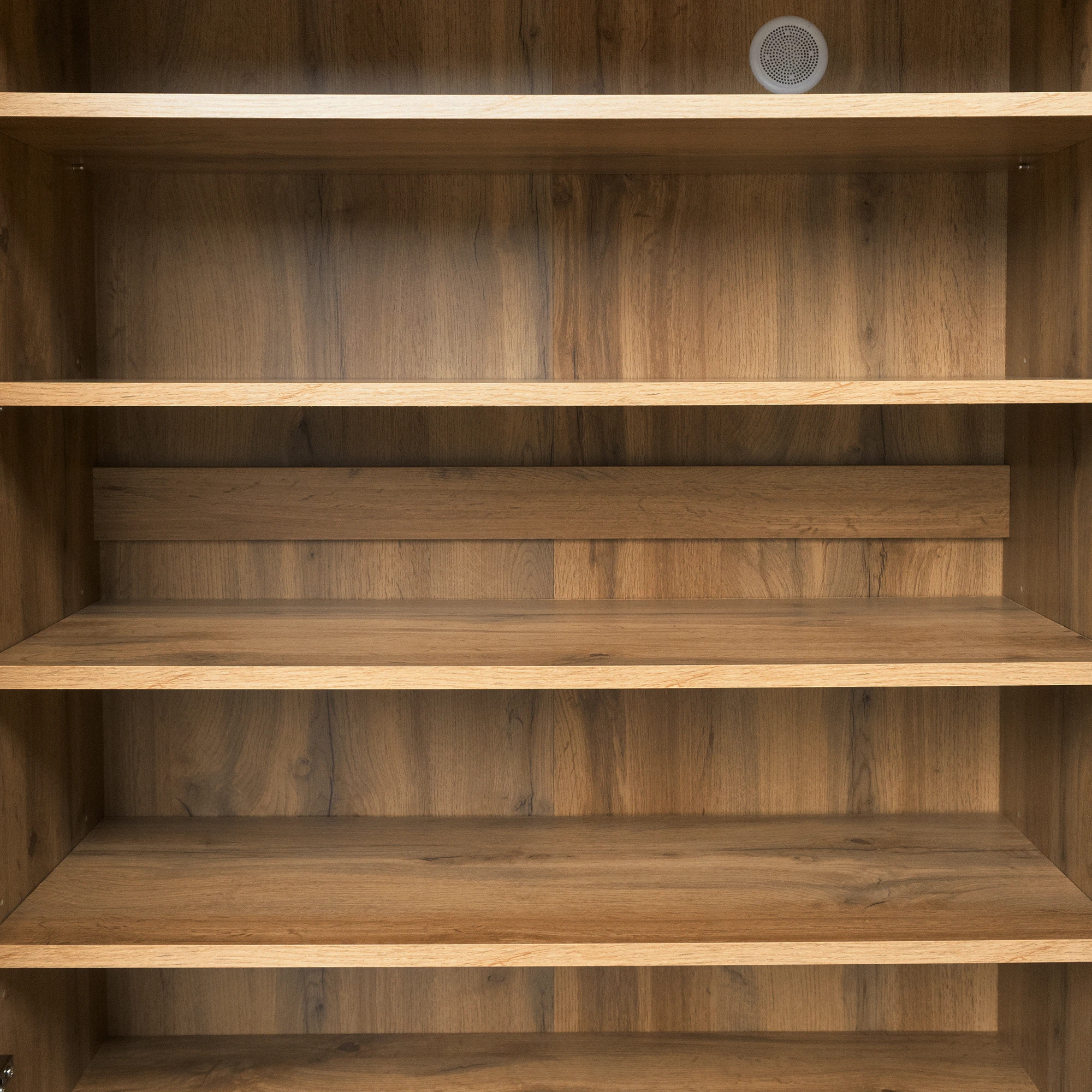 Sideboard, moderner Schuhschrank mit 5 Fächern in dunkler Holzmaserung – Abmessungen, verstellbare Regale – Detail 15