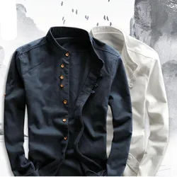 Chemises en coton et lin à manches longues pour hommes, chemises Slim décontractées à col Mandarin de haute qualité, pour la plage d'été, 2021 