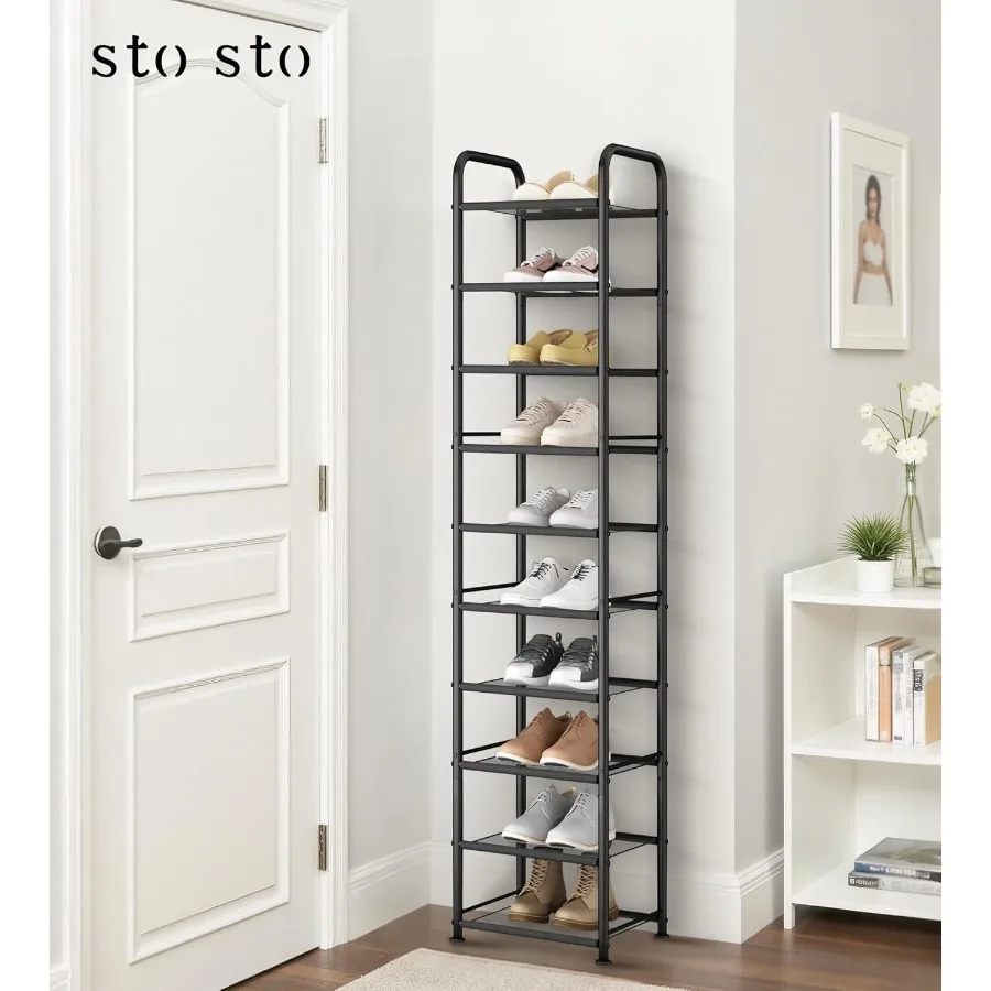 10Tier Narrow Shoe Rack with Sturdy Mesh Shelves Slim Tall Metal Shoe Organizer for Entryway Closet Hallway Holds 10 Pairs Vert