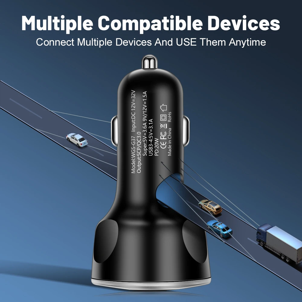 120W 4-6 Ports Car Charger Fast Charging PD QC3.0 USB C  Car Phone Charger USB Adapter in Car For iPhone Xiaomi Samsung