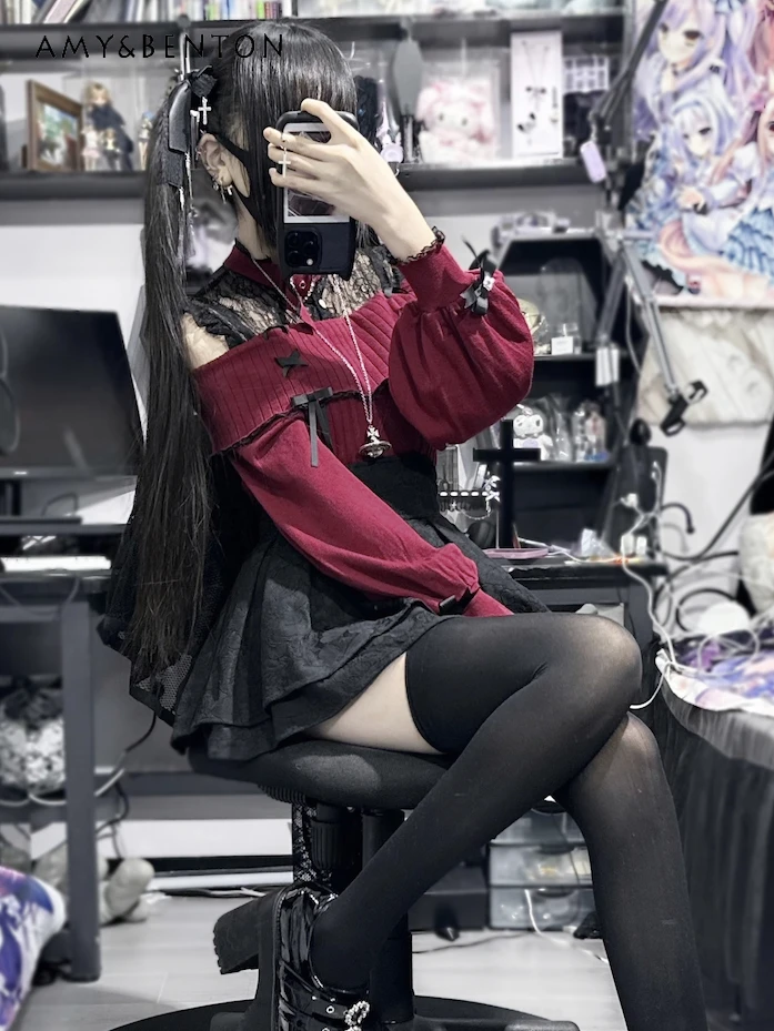 일본 양산 활 오프숄더 긴팔 스웨터, 귀여운 레이스 하트 라인스톤 풀오버, 용수철 로지타 스웨터 