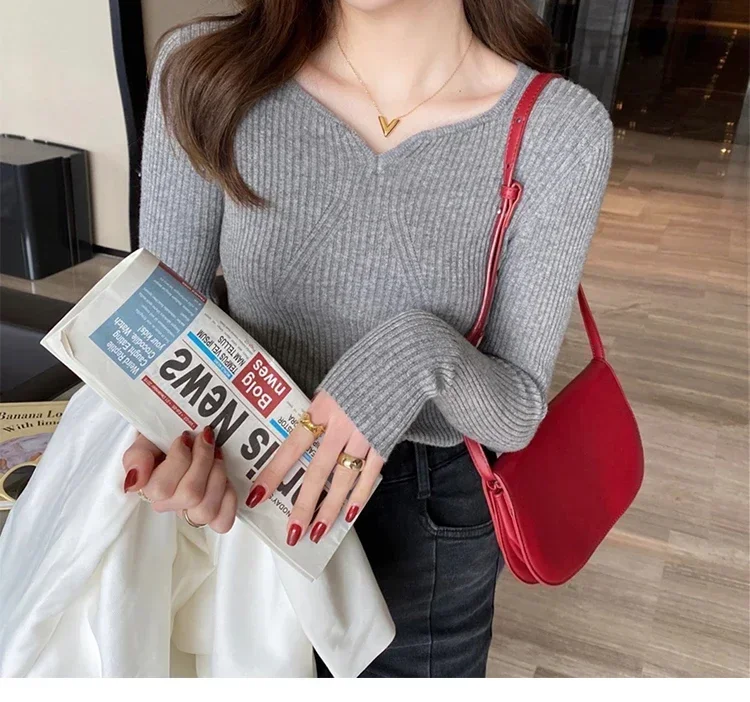 Women Slim V-Neck Bottoming Sweater Autumn Winter For Women Casual Pullovers Long Sleeve Knit Warm Office Sweater