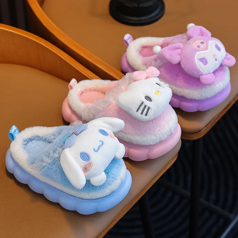 Sweet Family Winter Warm Slippers Cute Kawaii Sandals Kuromi My Melody Hello Kitty Soft Sole Shoes 3