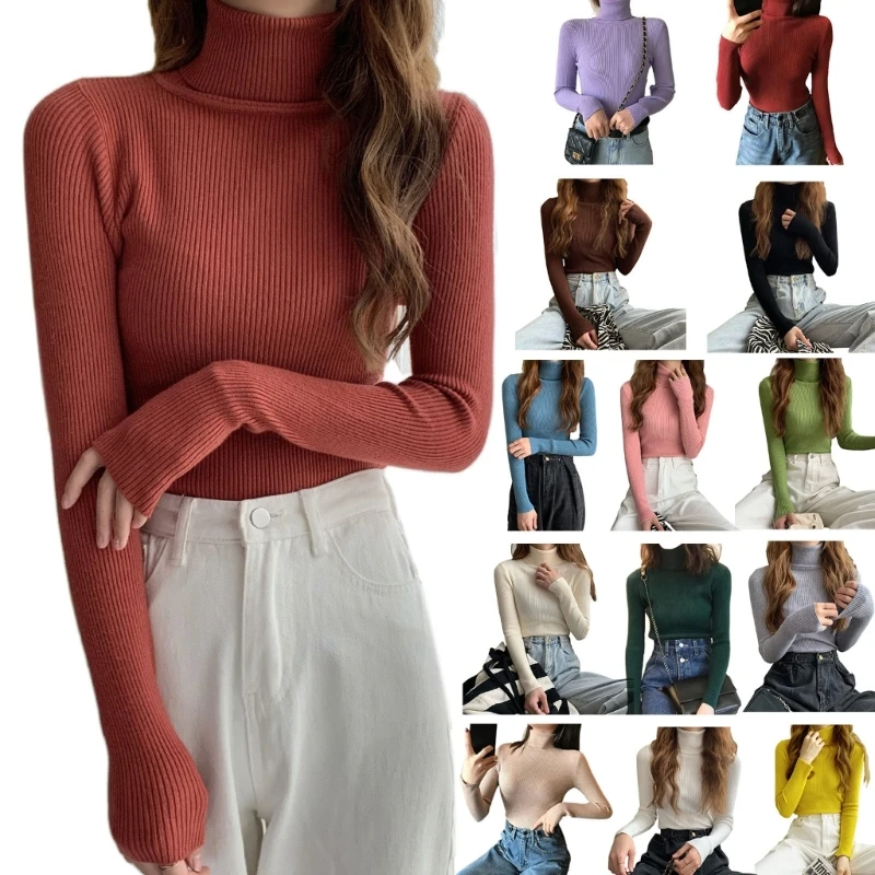 

Ribbed Knit Turtleneck Sweater Women Solid Color Basic Pullover Jumper Top Dropship